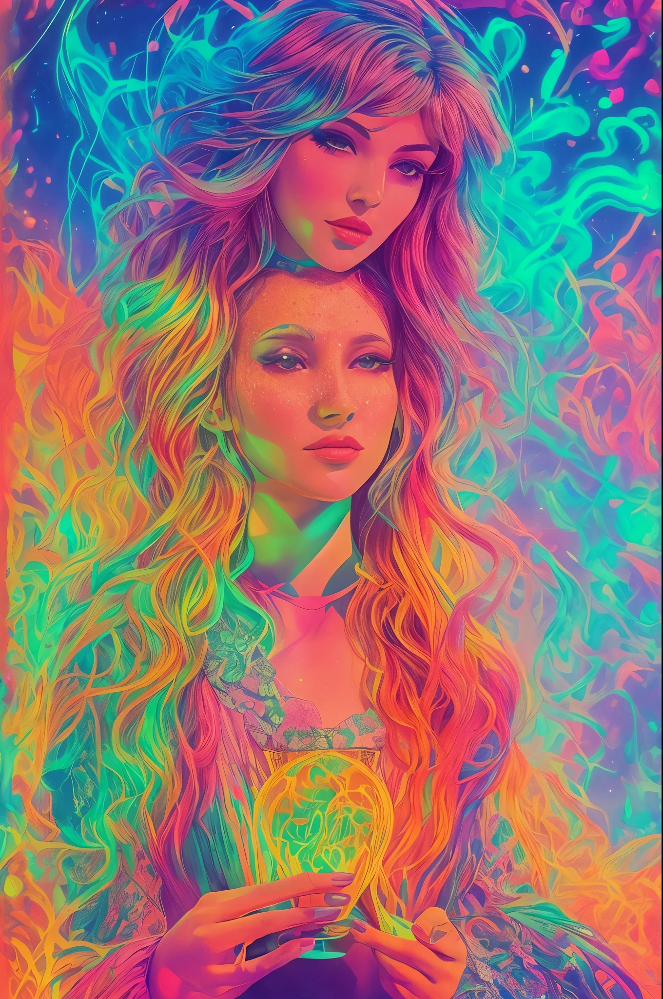 A beautiful woman drinking from a glowing, magical chalice with a fascinated expression, starting to hallucinate with colorful, surreal visions around her, 70s psychedelic, neon synthwave