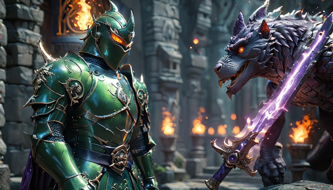 ((four characters)), (cat knight, black armor, holding a sword surrounded by flames), (monkey martial artist, striking a fighting pose with lightning fists), (bush dog samurai, black armor, holding a Japanese sword in each hand), (green parrot wizard, wizard's hat and robe, wand in each hand, with a purple magic circle coming out of the tip of his wand). ), in dungeon, twilight, 4K, 3dcg, sparks flying, high resolution, masterpiece, high quality, super detailed, ultra detailed, ultra realistic, fantasy world, dragon quest like world, medieval european world, drone with top angle, 3d fluffy, cute big round reflective eyes, Pixar rendering, Unreal Cinematic Smooth Engine, elaborate detail, Unreal