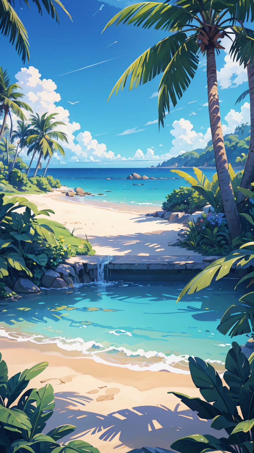 (illustration : 1.0), Epic Composition, Realistic lighting, High-resolution details, masterpiece, Best quality, (Highly detailed CG integrated 8k wallpaper) , Blue sky, blue ocean, View of the sea from the coastal forest, Palm tree in the middle of the screen