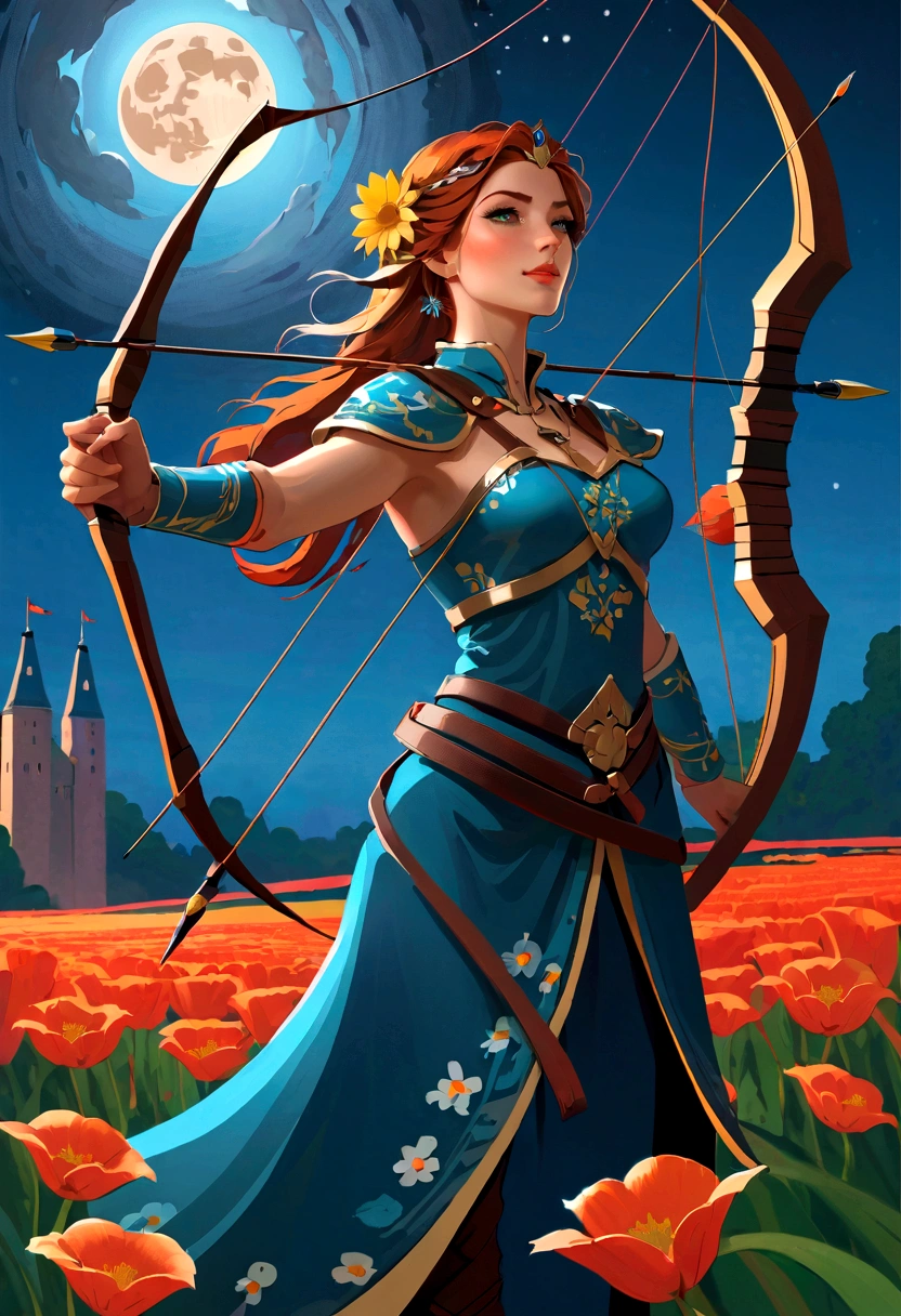 best quality, High target_solve, clearly_image, Detailed background ,1 Archer Woman, flower,flower园,moon, night,Hook of Holland, Wide-angle lens, crown,