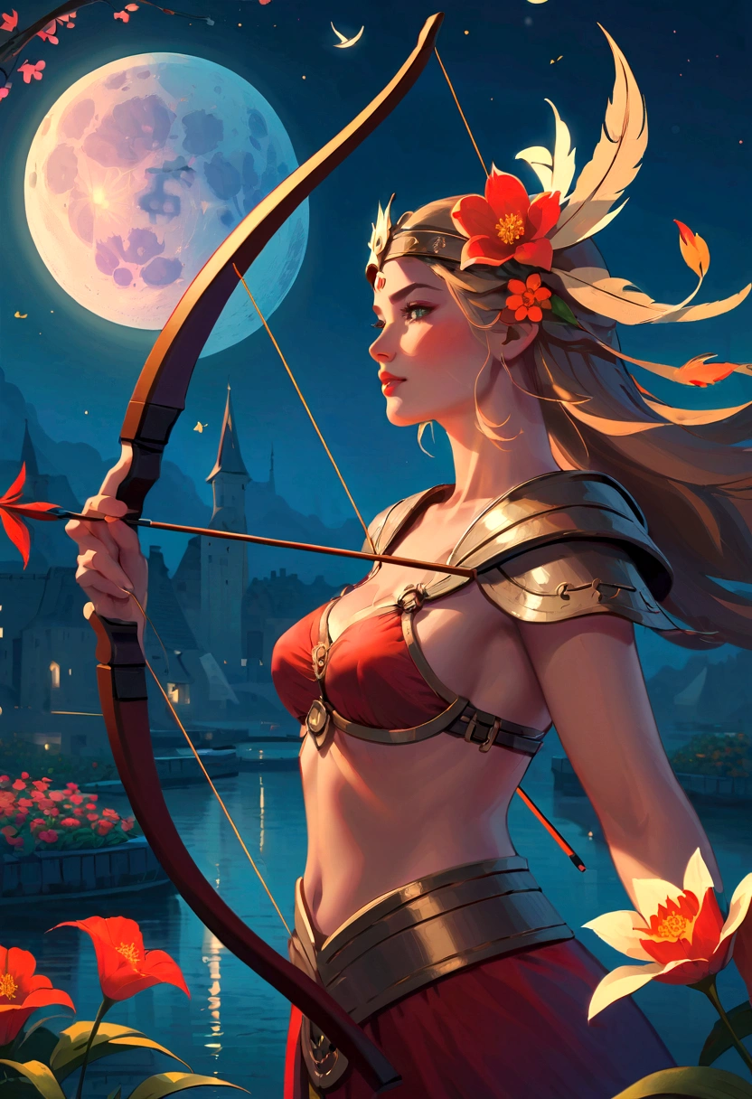 best quality, High target_solve, clearly_image, Detailed background ,1 Archer Woman, flower,flower园,moon, night,Hook of Holland, Wide-angle lens, crown,