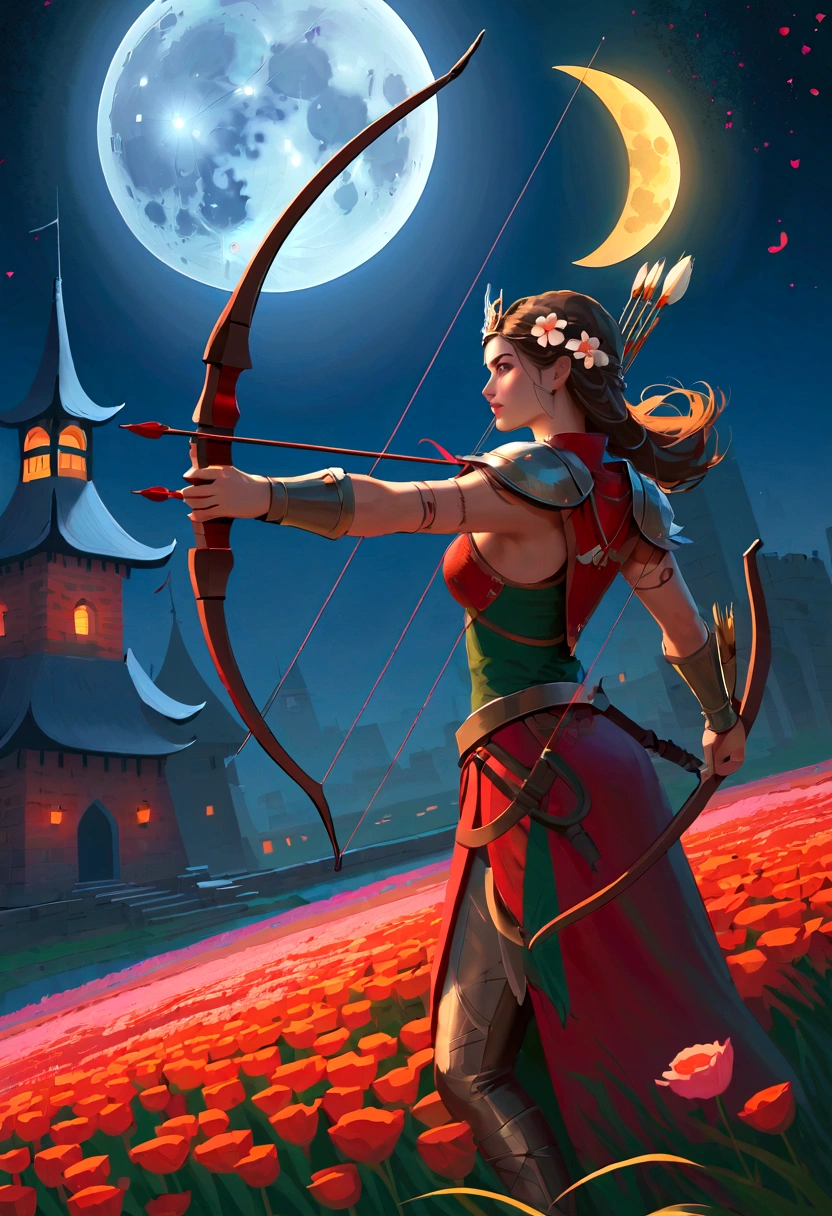 best quality, High target_solve, clearly_image, Detailed background ,1 Archer Woman, flower,flower园,moon, night,Hook of Holland, Wide-angle lens, crown,