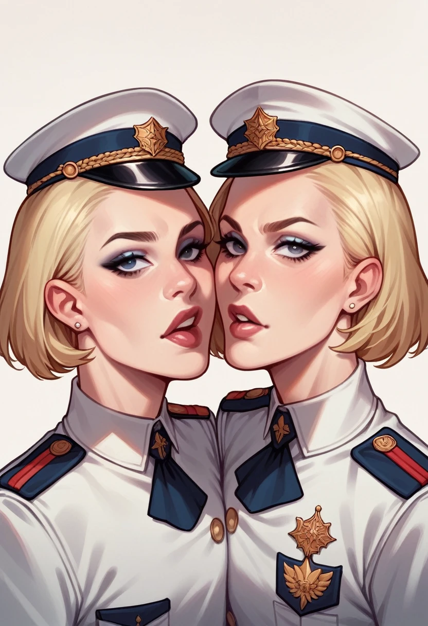 best resolution, 2 heads, white woman with two heads, conjoined, different heads, blonde, short hair, long hair, eyeliner, 25 years old, uniform, serenay keptan