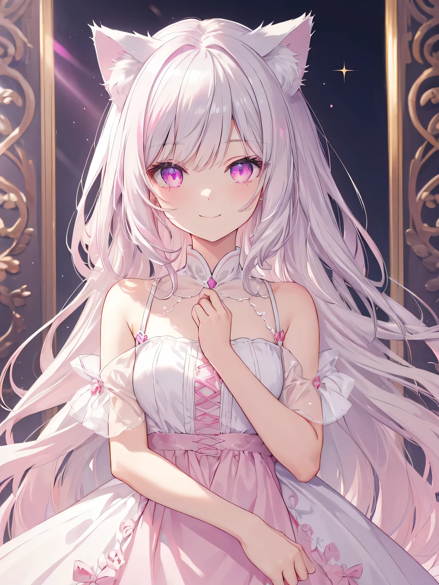 Highly detailed face,fine grain,Sparkling eyes,Highlighted eyes,Medium chest,pretty girl,smile,Cat ear,Beautiful silver hair,Pink inside,Beautiful pink eyes, dress, starry sky
