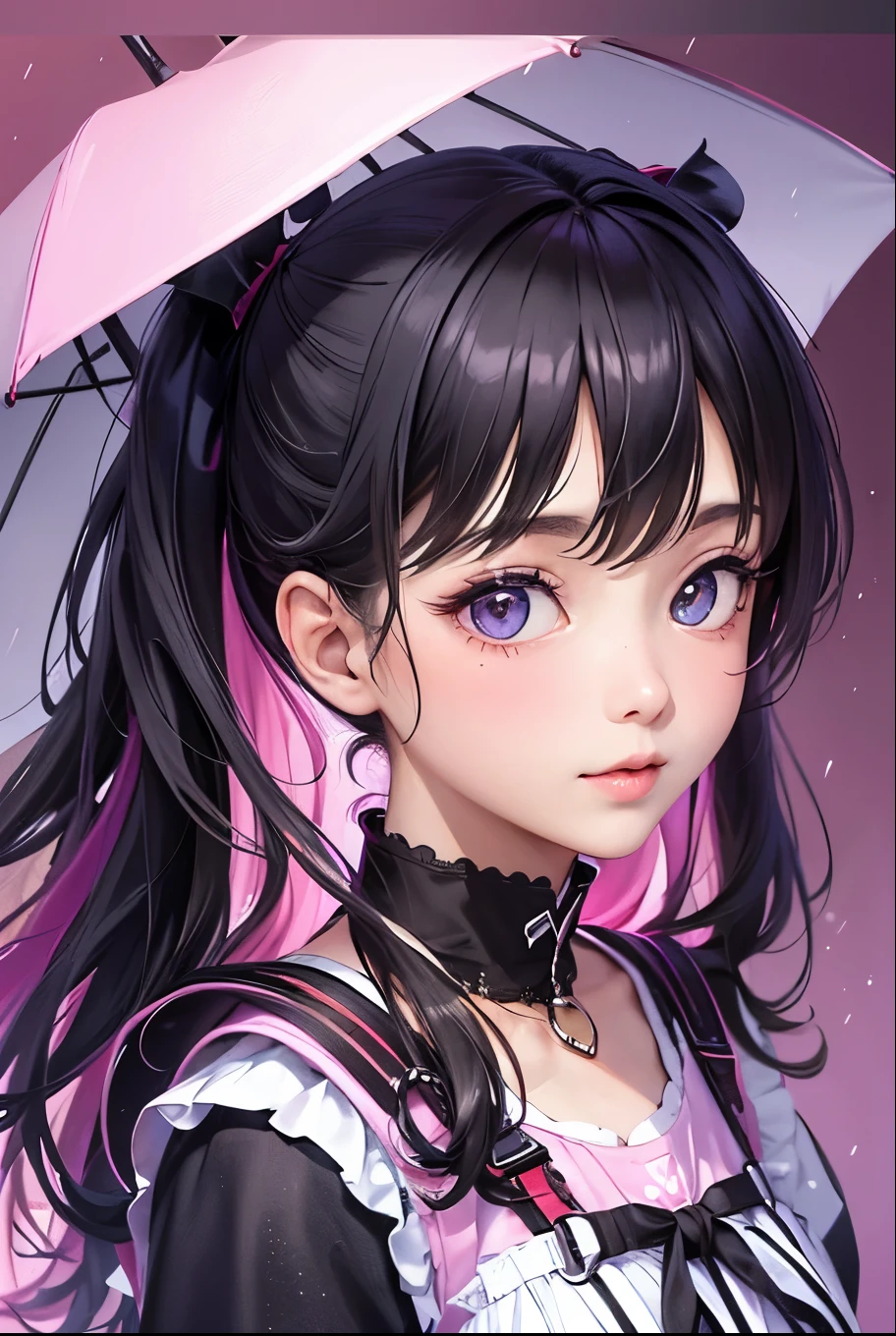 masterpiece, best quality, highly detailed, high resolution, expensive resolution, high resolution, 4k, 8k, uniform 8k wallpaper, highly detailed CG, masterpiece, 2d, 3d, beautiful details, depth, fine texture, best quality: 1.3, perfectly focused, sharp. skin, him, very cute anime girl, her name is Mei, short pigtails, idol, in the rain, expensive pink short pigtails, mole under eye, looking at the viewer, expensive, blush, mole, open lips, pink eyes, heart shaped choker, smiling face