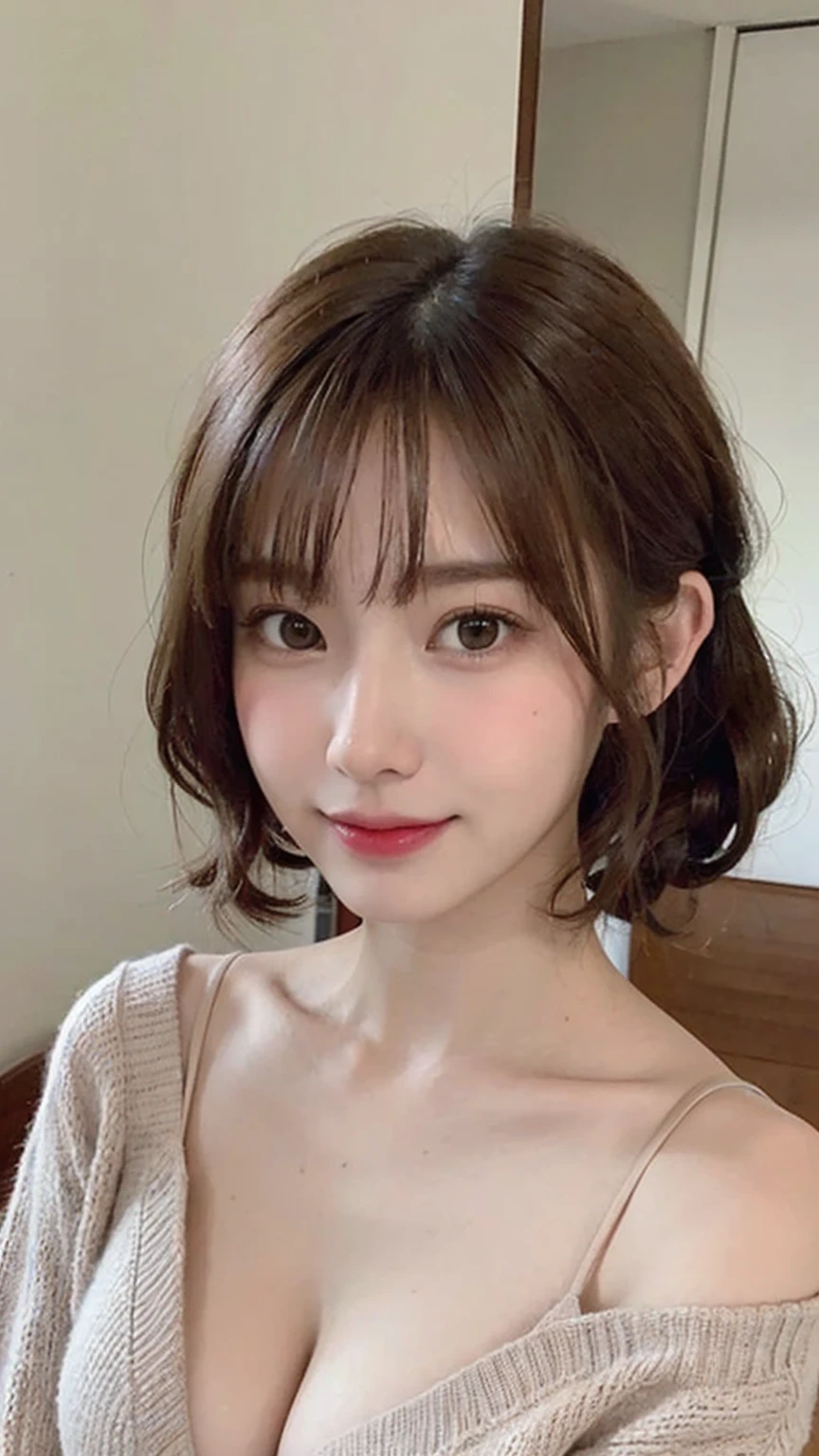 (masterpiece:1.3), (8K, Photorealsitic, Raw photography, Top image quality: 1.4), Japan high school girls、(Random hairstyles:1.2)、cleavage of the breast:1.2、Super Detail Face、Eye of Detail、double eyelid、Bring your chest together、sharp focus:1.2、prety woman:1.4、light brown hair、top-quality、masterpiece、超A high resolution、(Photorealsitic:1.4)、Highly detailed and professional lighting smile、Loose and light knitwear、Shoulder out、slender、serious facial expression、short-haired、Fatal position