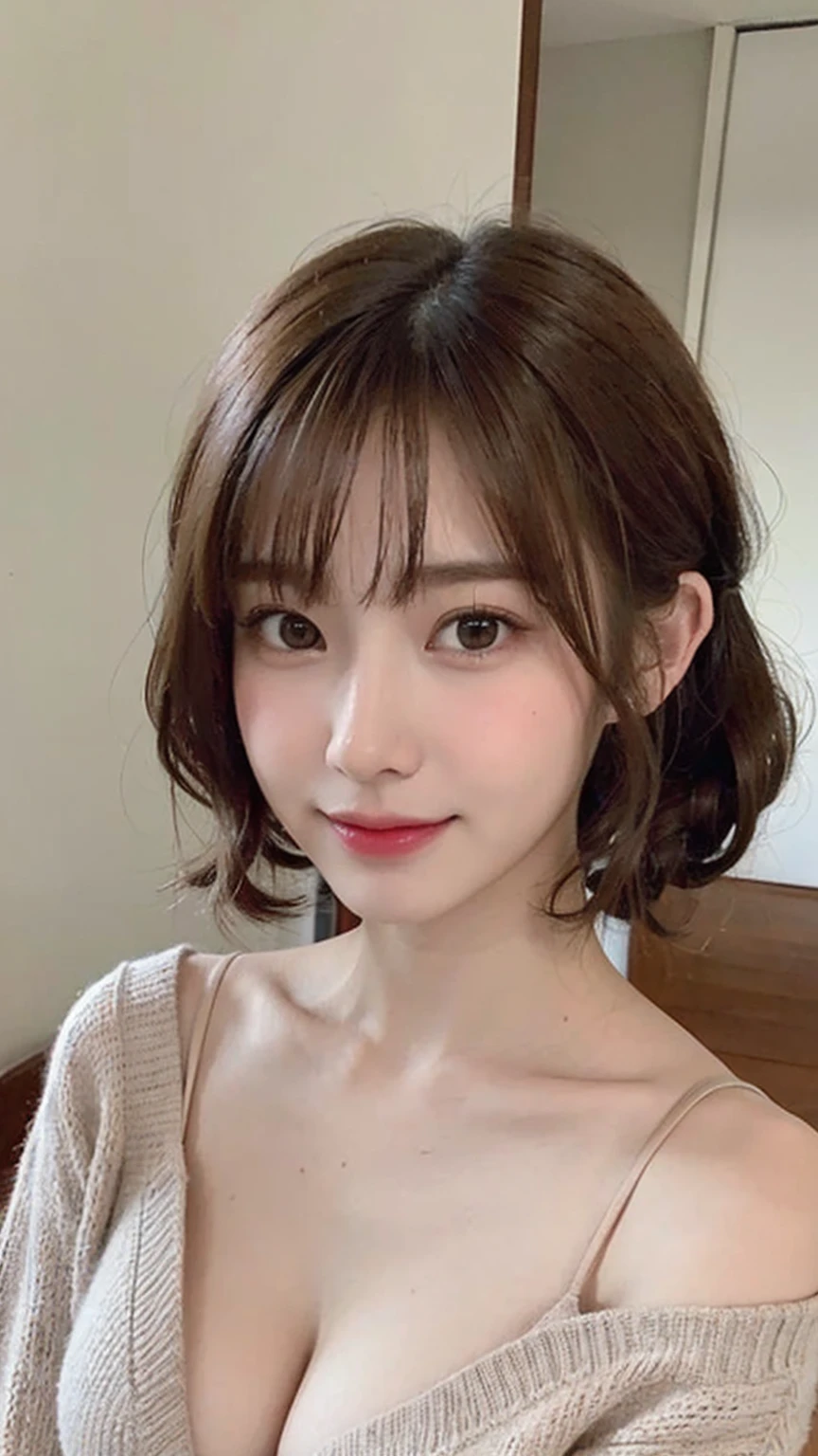 (​masterpiece:1.3), (8K, Photorealsitic, Raw photography, Top image quality: 1.4), Japan high school girls、(Random hairstyles:1.2)、cleavage of the breast:1.2、Super Detail Face、Eye of Detail、double eyelid、Bring your chest together、sharp focus:1.2、prety woman:1.4、light brown hair、top-quality、​masterpiece、超A high resolution、(Photorealsitic:1.4)、Highly detailed and professional lighting smile、Loose and light knitwear、Shoulder out、slender、serious facial expression、short-haired、Fatal position