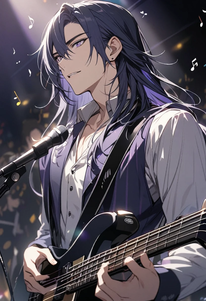 male, handsome, parted bang, long hair, navy hair, musician, purple eyes, music notes, grey eyes