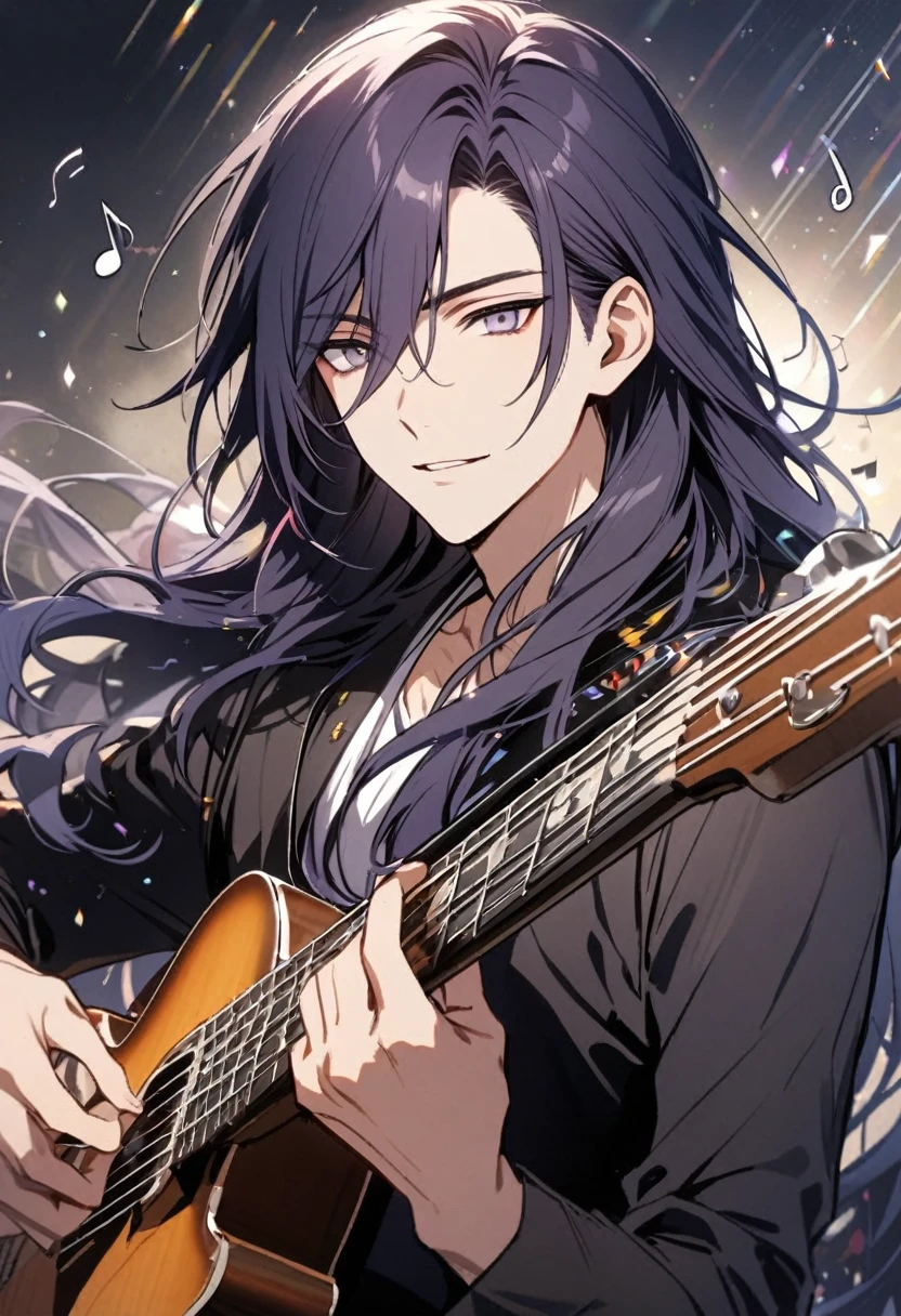 male, handsome, parted bang, long hair, navy hair, musician, purple eyes, music notes, grey eyes