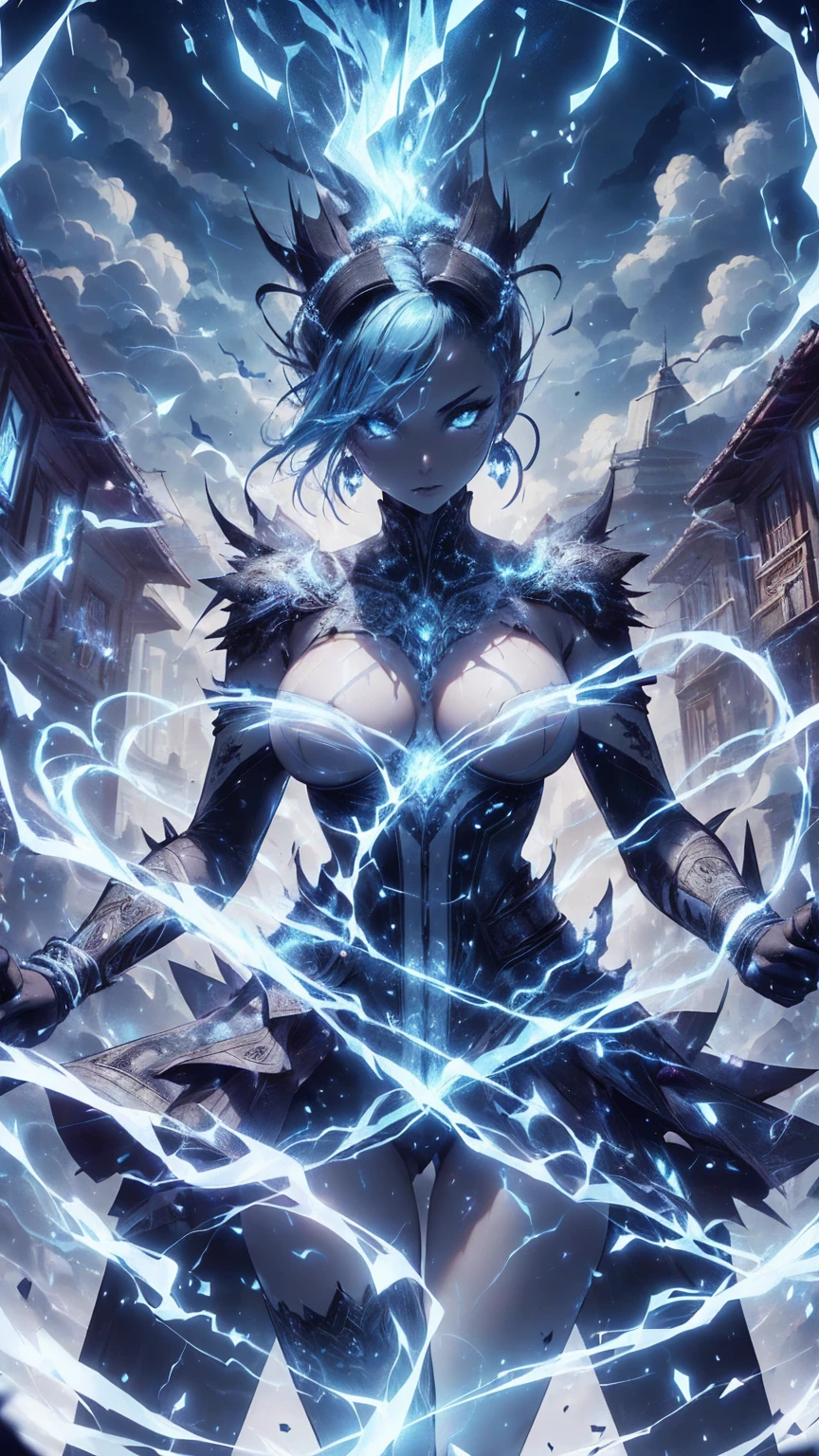 ((absurdres)) ((perfect whole body)), ((ultra photorealistic)), Top quality, ((Photorealistic)), ((16k UHD)), High Definition, Unity 8K wallpaper, high res, ultra sharp, ((masterpiece)), best quality, ((intricate details)), (((detailed eyes))), (((perfect face))) (((detailed face))), masterpiece, highly detailed exquisite character art, melancholy lighting, (((perfectly detailed ???????))) (((cinematic light))), ultra-realistic, (((1female))), shaved long white mohawk ,black skin, black complexion, blue eyes, gothic outfit, tattoo's, busty, torn stockings, black lips, hoop earrings, superpowers, weather witch, commanding the weather, wind, hail, lightning, clouds, avalanche, rain, thunder, flying, plump lips,