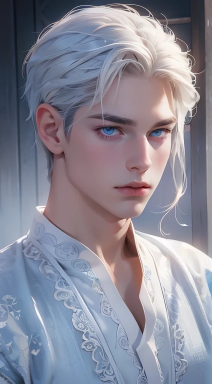 delicate man, 18-years old, gem blonde hair, dark blue eyes, magical academy uniform news, beautiful oil blue eyes