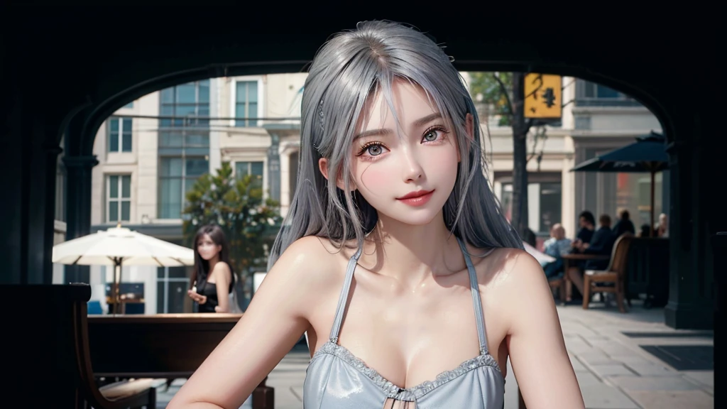girl, beautiful face, side view, high detailed real eye, beautiful pupil, double eyelid, silver color hair, high detailed real skin, high quality skin, beautiful skin, masterpiece, have a cup of coffee.
she is having coffee at a cafe.Stylish beach cafe smile