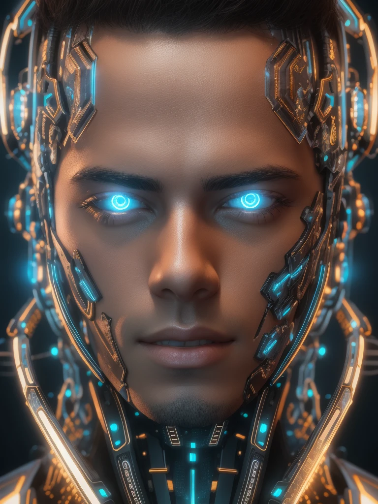(((3D,CGI))) a highly detailed close-up portrait of a futuristic male cyborg android, realistic skin with glowing circuitry, luminous eyes, intricate bionic implants and advanced robotic machinery, sleek metallic design with complex engineered details, cinematic lighting, digital energy field, concept art style, 8k, photorealistic