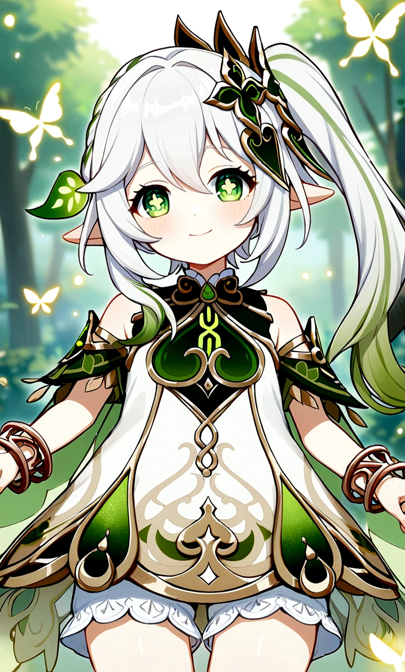 1girl,nahida (genshin impact),solo,green eyes,dress,pointy ears,bloomers,white dress,hair ornament,flower,multicolored hair,sitting,bangs,symbol-shaped pupils,looking at viewer,green hair,gradient hair,side ponytail,long hair,white hair,butterfly,underwear,jewelry,head wreath,smile,tree,white bloomers,hair between eyes,white footwear,cross-shaped pupils,bug,closed mouth,bracelet,in tree,blurry,green cape,branch,outdoors,sitting in tree,sleeveless,cape,short sleeves,sidelocks,depth of field,green sleeves,sleeveless dress,nature,bare shoulders,white socks,