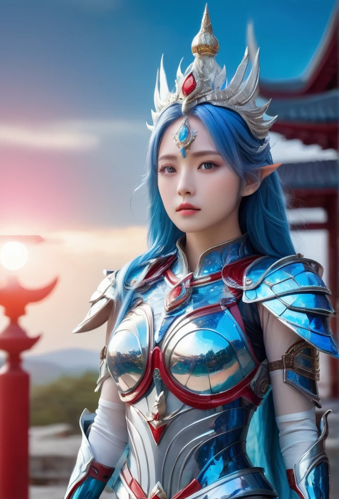 a princess with iridescent and vibrant red and blue mythical armor, celestial armor, icy blue eye, cosmos glowing hair, ancient temple background, milky way sky, exposing body, showing body, 