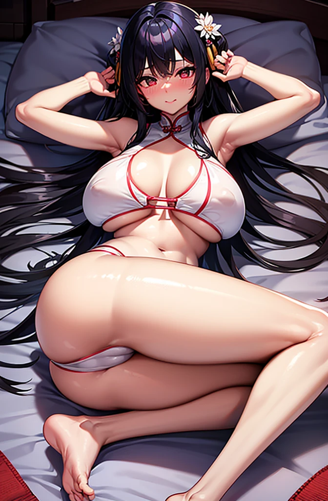 Chinese style beauty,White transparent bikini,Dark Skin,Sexy Girl,Blushing shyness,Random hair,Huge breasts,Huge ass,Lying in bed,Rain,barefoot,Show your armpits