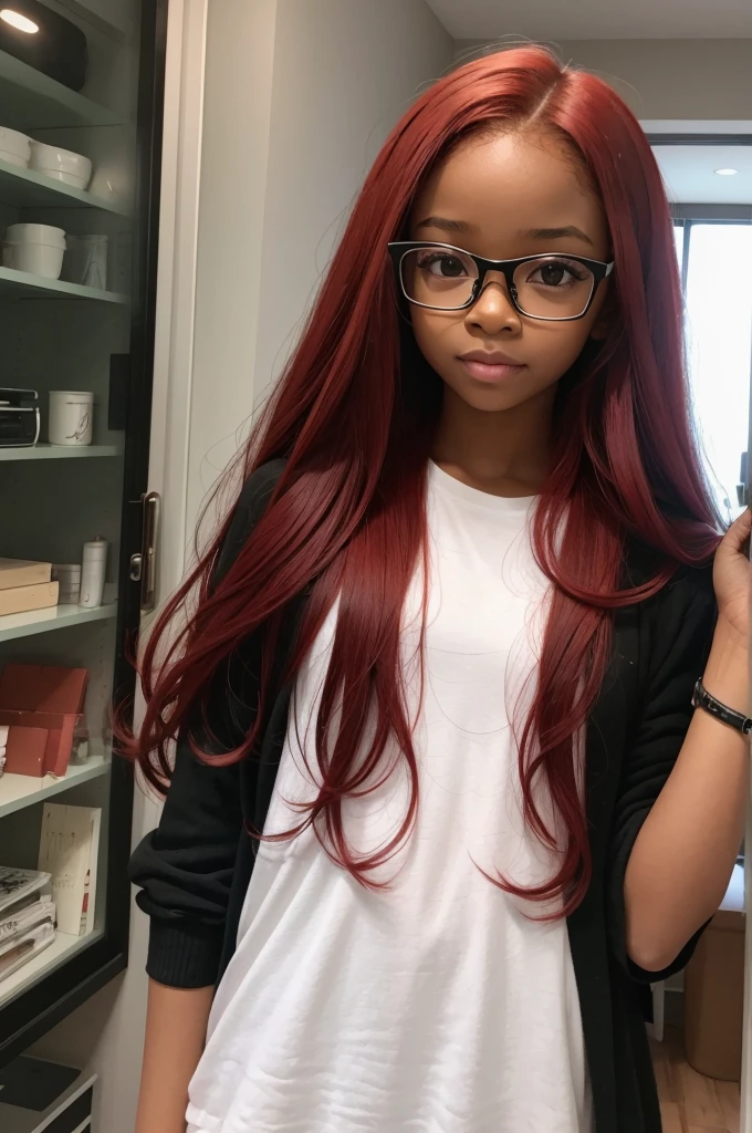 A  black girl with long red hair and wearing glasses 