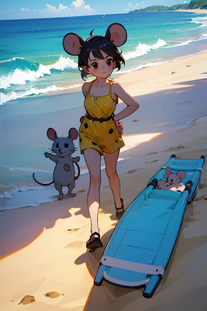 A little mouse goes to the beach with friends