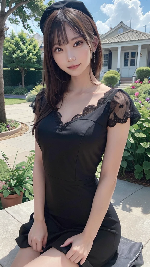 ((((highest quality))))、(((Ultra-precision CG16K wallpaper)))、(((masterpiece)))、(((Super detailed)))、(((super extreme details)))、1people's women、mature woman、25 year old woman、((Italian face))、((very beautiful face))、((Laura Antonelli:1.5))、((Soft wave semi-long hair:1.3))、(shiny hair)、bangs up to eyebrows、((beautiful blonde:1.3))、beautiful delicate eyes、brown eyes、raised eyebrows、high nose、small nostrils、small mouth、seductive lips、mouth slightly open、beautiful breasts、C cup size breasts、cleavage、plump body、perfect proportions、perfect anatomy、perfect composition、beautiful detailed shading、beautiful natural lighting、beautiful detail glow、Depth of bounds written、(((High chroma)))、(((real:1.9)))、((vivid:1.4))、((beautiful skin))、((skin texture))、((realな皮膚感))、(((cowboy shot:1.5)))、((Angle seen from the front:1.5))、((smile:1.4))、(Eyes looking at me)、bright sunshine、(((garden:1.3)))、(standing pose:1.5)、(((Navy blue lace one-piece dress:1.5)))、