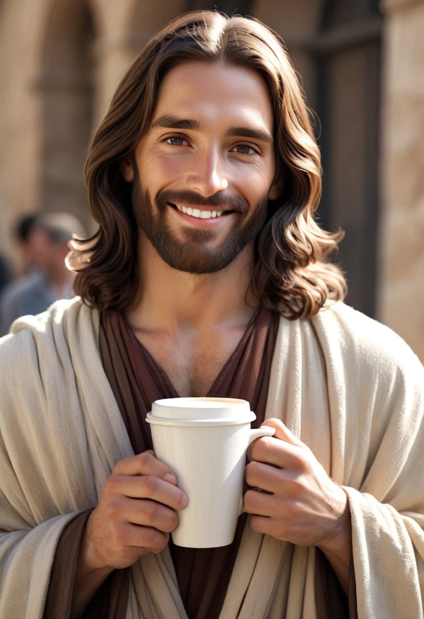 a photorealistic image of Jesus as an ordinary man standing, drinking coffee in a cup, looking at the camera and smiling, with modern clothes.