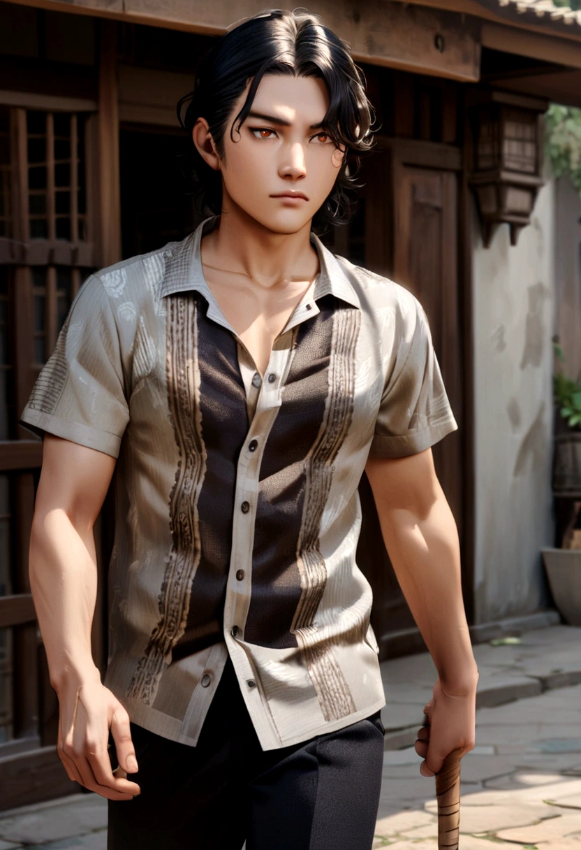 anime man character with short, wavy black hair with a few streaks of silver. Brown color eyes and
wears a combination of batik shirts and modern attire. Carries a carved wooden staff that serves as both a walking aid and a magical focus