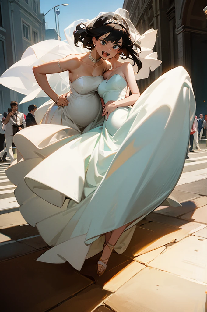 There are two women. One woman is in a wedding dress carrying the other woman who is pregnant. They are both trying to get away from an angry mob. 
