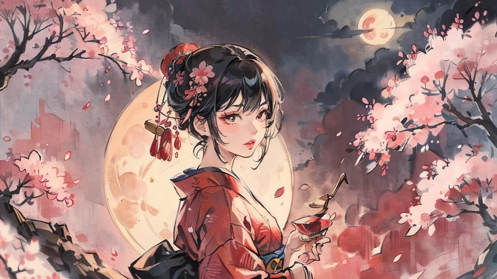 (((Oiran))),(((Prostitute))), Flashy kimono,hair ornaments, Scenery of kyoto,(((night))),(((night))),(((night))),(((night))),(((night))),(((night))),(((night))),(((night))),(((night))),(((night))),(((night))),(((night))),(((night))),(((night))),(((night))),(((night))),(((night))),(((night))),(((night))),(((night))),(((night))),(((night))),(((night))),(Lips are red:1.5)、  (((Watching the cherry blossoms))), (((Watching the cherry blossoms))),(((Watching the cherry blossoms))), (((Watching the cherry blossoms))),  (((Watching the cherry blossoms))),(((Watching the cherry blossoms))),20-year-old, Watercolor, masterpiece, Highest quality, Very delicate and beautiful girl,Very delicate and beautiful, world masterpiece theater, Super detailed, Very detailedな, Highest quality,(((赤いFlashy kimono)))。(((赤いFlashy kimono)))。(((赤いFlashy kimono)))。(((赤いFlashy kimono)))。(((赤いFlashy kimono)))。(((赤いFlashy kimono)))。(((赤いFlashy kimono)))。(((赤いFlashy kimono)))。 (((Black Hair))), (((Black Hair))), (((Black Hair))), (((Cherry tree))), (((Cherry tree))), (((Cherry tree))), (((Cherry tree))), (((Upper Body))), (((Upper Body))), (((Upper Body))), (((Upper Body))), (((Upper Body))), (((Upper Body))), High resolution, Very detailed,5 girls, Highest quality, figure, masterpiece, Highest quality, Accuracy, A woman in her twenties from the late Edo period.。(((赤いFlashy kimono)))。 。In the style of old Japanese paintings with low saturation、The women look like modern anime characters..、She has a bit of Kabuki makeup on..。Strong 2D feel。night。night。night。night。night。night。night。night。background, たくさんの花びらが散っている大きなCherry tree、(((Huge full moon))),(((Huge full moon))),(((Huge full moon))),(((Huge full moon))),(((from side))),(((from side))),(((from side))),(((from side))),(((from side))),(((from side))),(((tobacco pipe with metal tipped stem)))