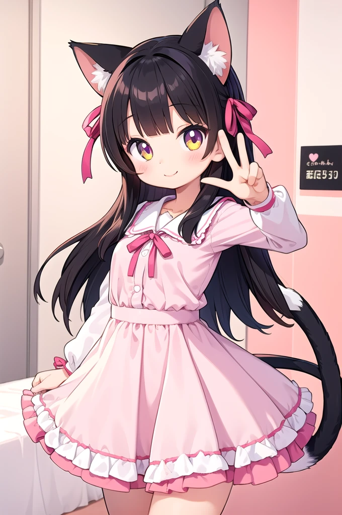 1girl,cat girl,animal ears,tail,looking at viewer,smile,peace sign,pink kawaii room,heart item,ribbon,standing,upper body,