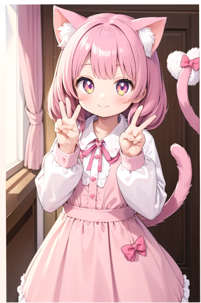 1girl,cat girl,animal ears,tail,looking at viewer,smile,peace sign,pink kawaii room,heart item,ribbon,standing,upper body,