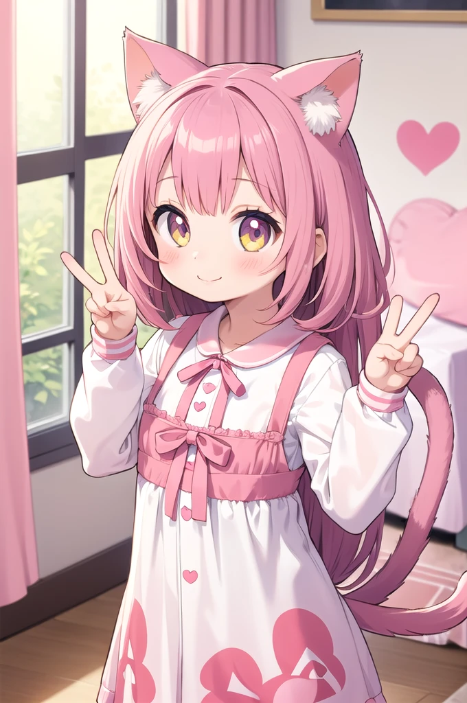 1girl,cat girl,animal ears,tail,looking at viewer,smile,peace sign,pink kawaii room,heart item,ribbon,standing,upper body,