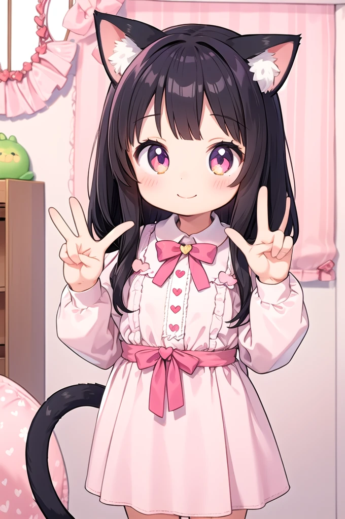 1girl,cat girl,animal ears,tail,looking at viewer,smile,peace sign,pink kawaii room,heart item,ribbon,standing,upper body,