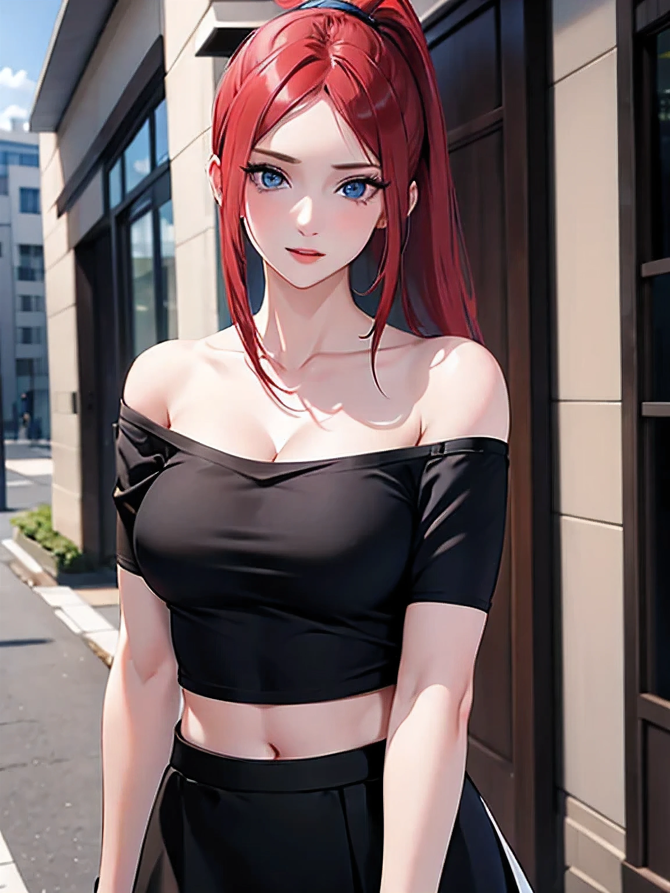 best quality, highres,uzumaki_kushina,Slender、small face、blue eyes、tall、In town、long hair、ponytail,(white short sleeve t-shirt:1.4 BREAK)、(black skirt:1.2)、(beautiful woman:1.5)、25 years old、Mature、midriff peek,(off-the-shoulder:1.3)、(I can see the cleavage:1.3)
,face on front 