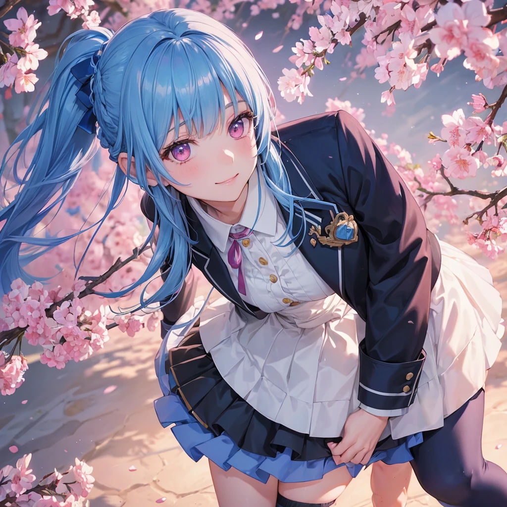 Sky blue hair, (Braided Ponytail),(Pink Eyes),Fair skin ,whole body,(1 Girl),Smile,spring, cherry blossoms, Knee-high socks for school, blazer, Straight bangs,(masterpiece, Highest quality, Super detailed, Best Shadow), (Detailed Background), (Beautifully detailed face), High Contrast, (Best lighting, Very delicate and beautiful), ((Cinematic Light)), colorful, Hyper Detail, Dramatic Light, Intricate details,sunshine,Leaning forward,