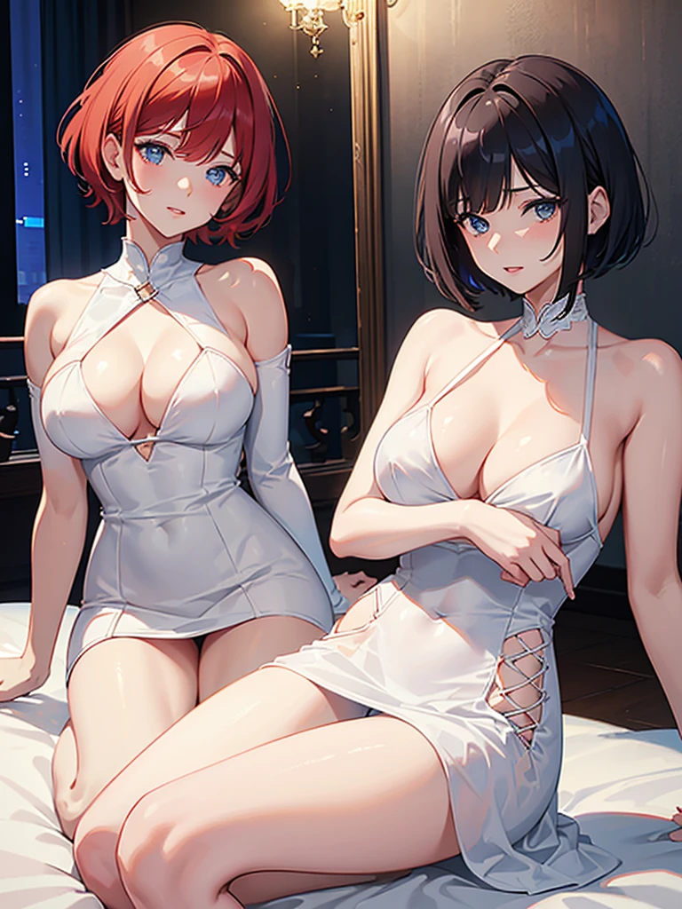 Caucasian female, short hair with bangs, your hair is red, Your eyes are blue, is wearing a short white dress, with cleavage on the breast, the dress is half transparent , is jumping on the bed