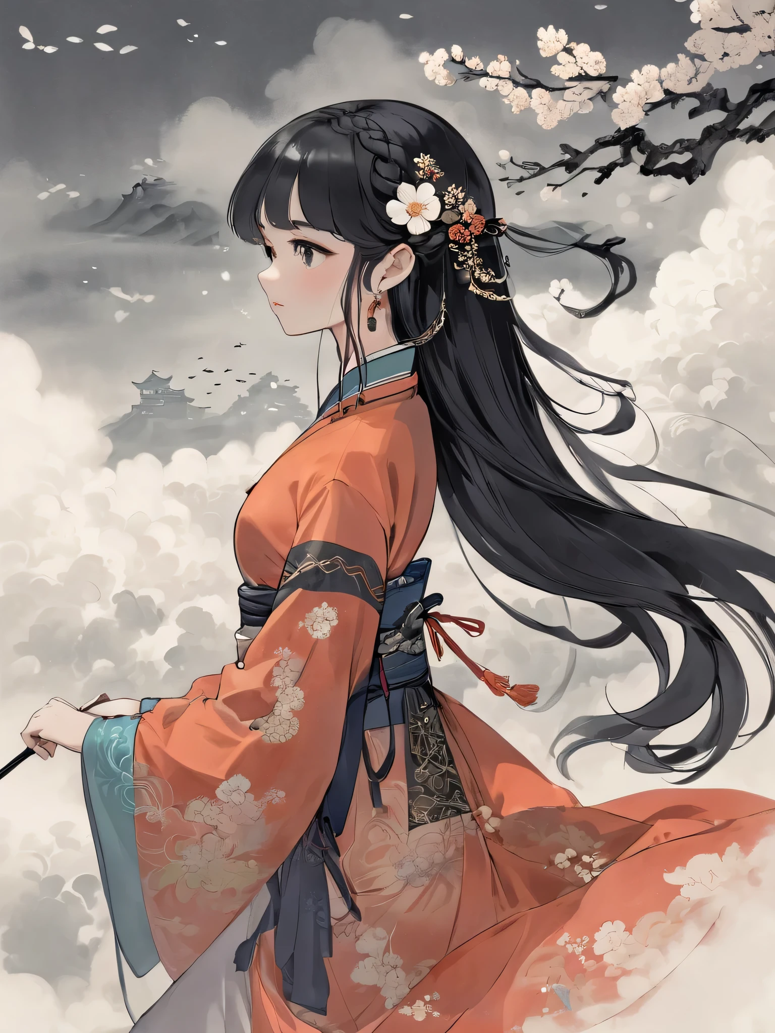 2D, full body, Chinese ink painting, 1girl, solo, hair ornament, bug, braid, jewelry, long hair, black hair, flower, chinese clothes, earrings, long sleeves, from side, dress ,mythical clouds