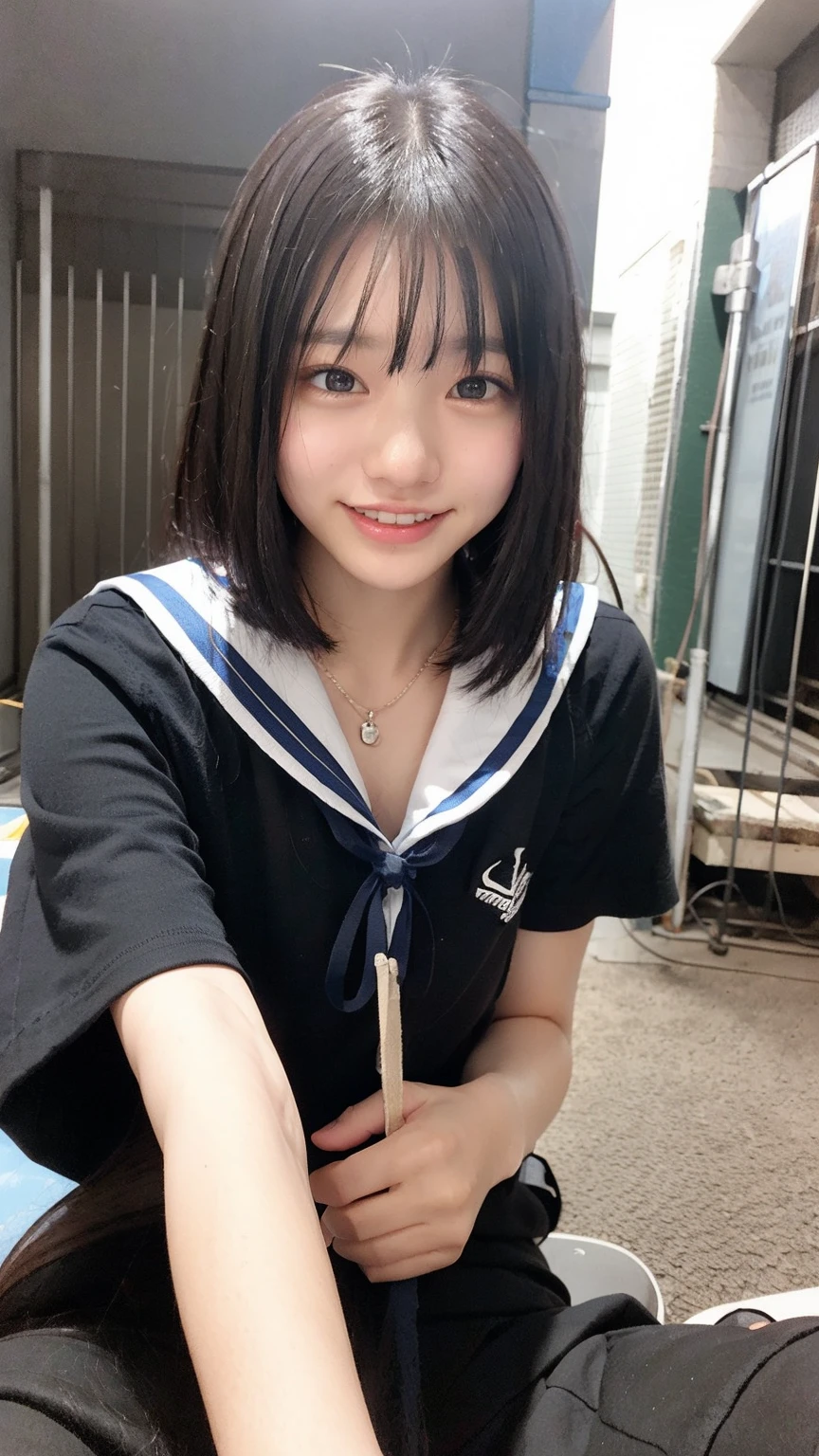 (One Girl:1.3), short hair, Japanese high school students, Great face and eyes, Looking into the camera, A joyful smile、Showing teeth、 (Highest quality:1.4), Very detailed CG 統合 8k 壁紙, Very detailed, High-resolution RAW color photos, Professional photography, Realistic full body shot, Studio shot、Plain Wallpaper, Portrait of sexy girl, Open exterior, (Looking down, Display in viewer:1.0), (From below:1.0),(((topless))),Check Pleated Skirt,Thighs,Sailor suit、uniform,ベッドにsleep、sleep、(((仰向けにsleep))),((Shyness))