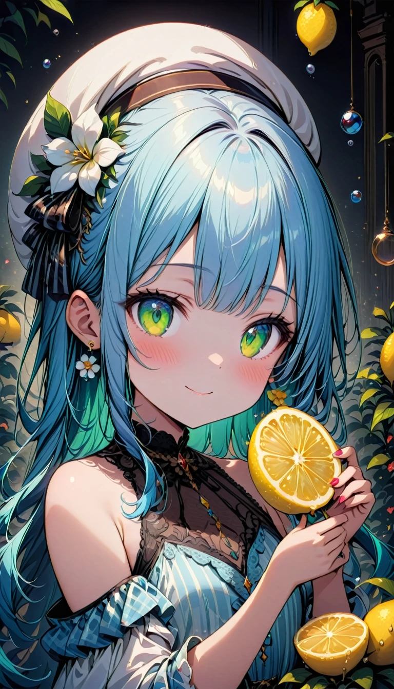 SeaArt Bot Txt2Img SDXL 00:18:48 masterpiece, best quality, extremely detailed, (illustration, official art:1.1),adorable loli face、 1 girl ,(((( light blue long hair)))),pale blue hair,loli, long hair ((blush)) , cute face, big eyes, masterpiece, best quality,(((((a very delicate and beautiful girl))))),Amazing,beautiful detailed eyes,blunt bangs((((little delicate girl)))),tareme(true beautiful:1.2), sense of depth,dynamic angle,,,, affectionate smile, (true beautiful:1.2),,(tiny 1girl model:1.2),)flat chest、,(masterpiece:1.2), highest quality,pixiv, Sweet girl portrait, 1 girl, lemon, alone, lemon slice, have, jewelry, earrings, cup, looking at the viewer, flower, fruits, holding, bow, food, green eyes, bangs, bare shoulders, food-themed earrings, holding cup, Cup, white hat, nail polish, polka dots, have bow, off shoulder, short hair, white flower, blush, striped bow, portrait, english text, bubble, flower earrings, plaid, Upper body, From the side