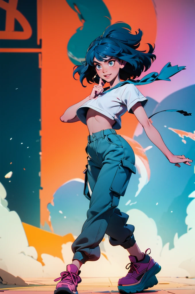 Poster, pop art style, simple colors, dancing, jumping art, break dancing, intense movement. vitality Wet dance stage, solo, hair fluttering, cute  girl, bright smile, mouth half open (navy blue hair, short wavy hair), (cropped cargo pants, white t-shirt, platform sneakers), (detailed fingers Delicate, fine body, fine arms, human hands, (beautiful detailed face), dynamic posture, whistle