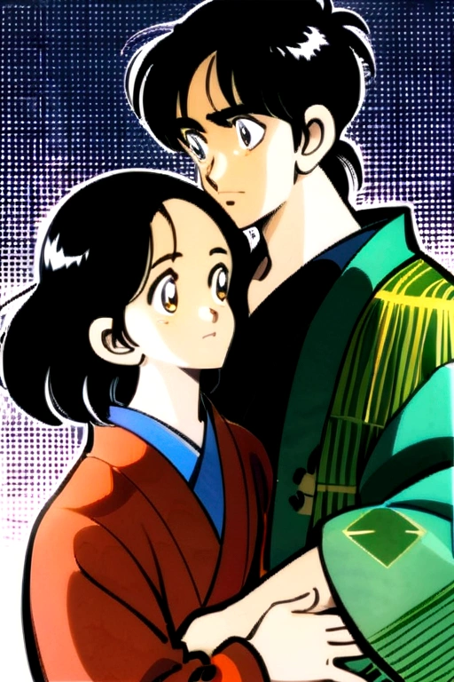 Short woman, long, tousled ash blonde hair, tired look, black iris, green haori with dark leaf-like patterns, hugging a tall young man, with a calm look, Messy black hair with tousled, uneven bangs and tousled low hair ponytail, haori divided into two, the right half solid dark red and the left half with green geometric patterns, Orange and yellow, both hugged, romantic and quiet moment, from the waist up
