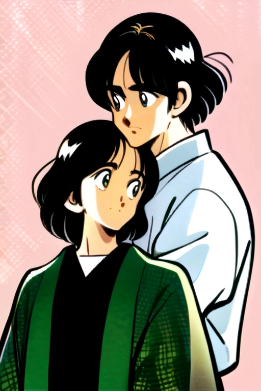 Short woman, long, tousled ash blonde hair, tired look, black iris, green haori with dark leaf-like patterns, hugging a tall young man, with a calm look, Messy black hair with tousled, uneven bangs and tousled low hair ponytail, haori divided into two, the right half solid dark red and the left half with green geometric patterns, Orange and yellow, both hugged, romantic and quiet moment, from the waist up