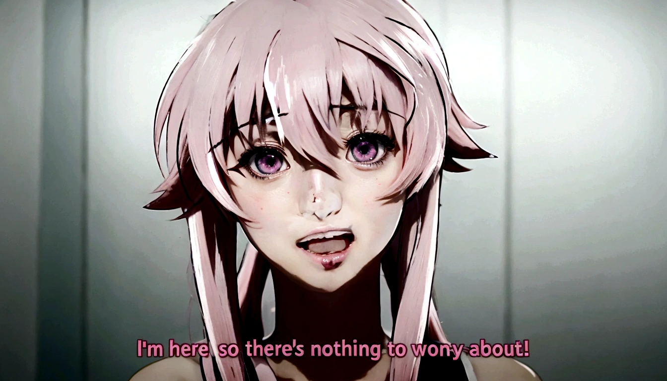 anime girl with pink hair and pink eyes with a quote on it, mirai nikki, in an anime, she has a cute expressive face, still from tv anime, as an anime character, gasai yuno, gasai yuno, in the anime film, ssss.gridman, today's featured anime still, she has a distant expression, gasai yuno