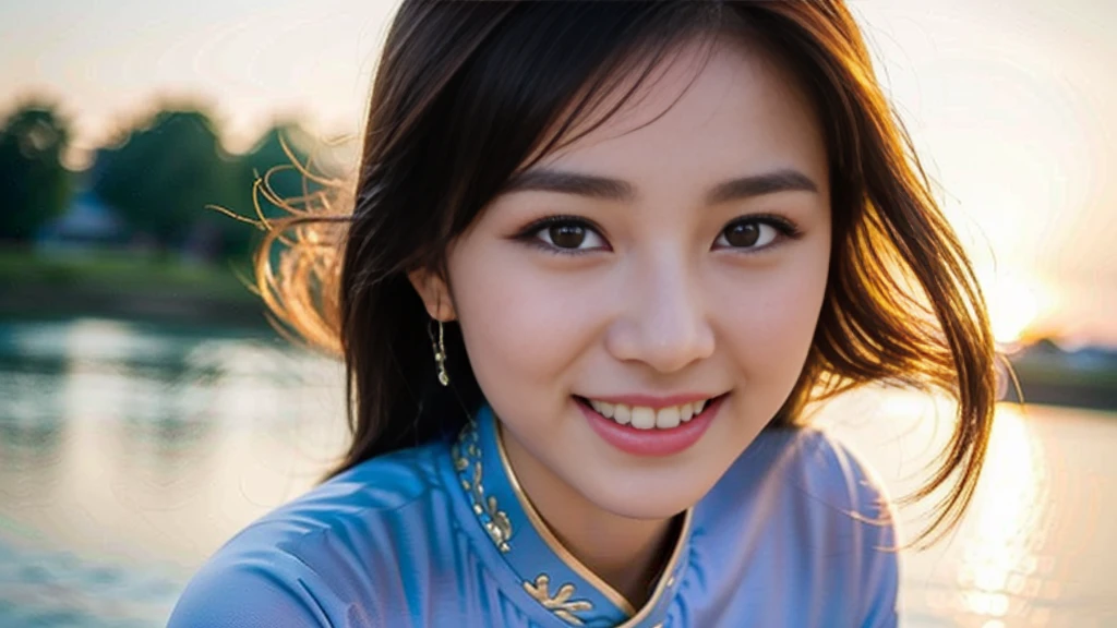(1 beautiful Chinese lady, age 22, wearing Vietnamese traditional dress blue Ao Dai, magnificent Sunset at Vietnam's Mekong River, kind expression, dimpled smile, cute snaggle-tooth, beautiful detailed face, beautiful detailed eyes, ample round bosom, photorealistic, hyper-realism, high contrast, ultra HD, realistic skin textures, top image quality, top-quality, super high resolution, fine details, very meticulously, masterpiece, head to knees, the Cowboy shot, soothing atmosphere, misty background)
