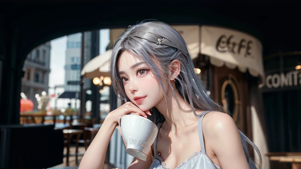 girl, beautiful face, side view, high detailed real eye, beautiful pupil, double eyelid, silver color hair, high detailed real skin, high quality skin, beautiful skin, masterpiece, have a cup of coffee.
she is having coffee at a cafe.Stylish beach cafe smile