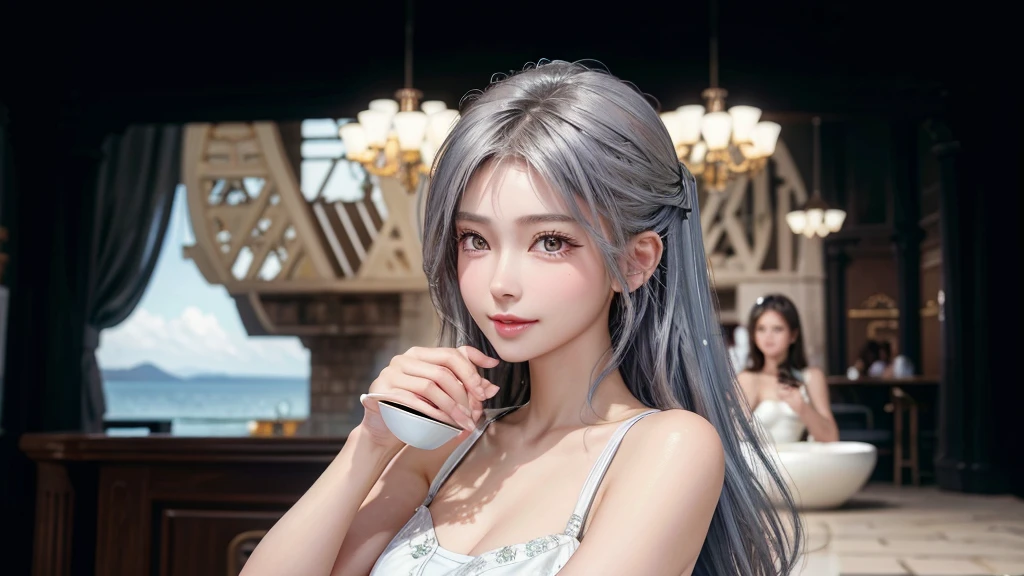 girl, beautiful face, side view, high detailed real eye, beautiful pupil, double eyelid, silver color hair, high detailed real skin, high quality skin, beautiful skin, masterpiece, have a cup of coffee.
she is having coffee at a cafe.Stylish beach cafe smile