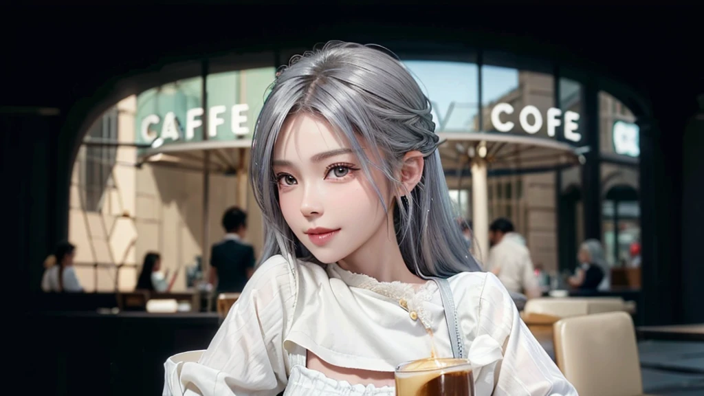 girl, beautiful face, side view, high detailed real eye, beautiful pupil, double eyelid, silver color hair, high detailed real skin, high quality skin, beautiful skin, masterpiece,  have a cup of coffee. 
she is  having coffee at a cafe.Stylish beach cafe　smile