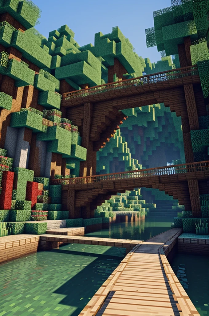 Create a cover for my Minecraft series called Chill Land that shows behind a wooden bridge with a lot of vegetation and a pretty little town behind the bridge and in front of it an ada with red hair on the bridge waving 