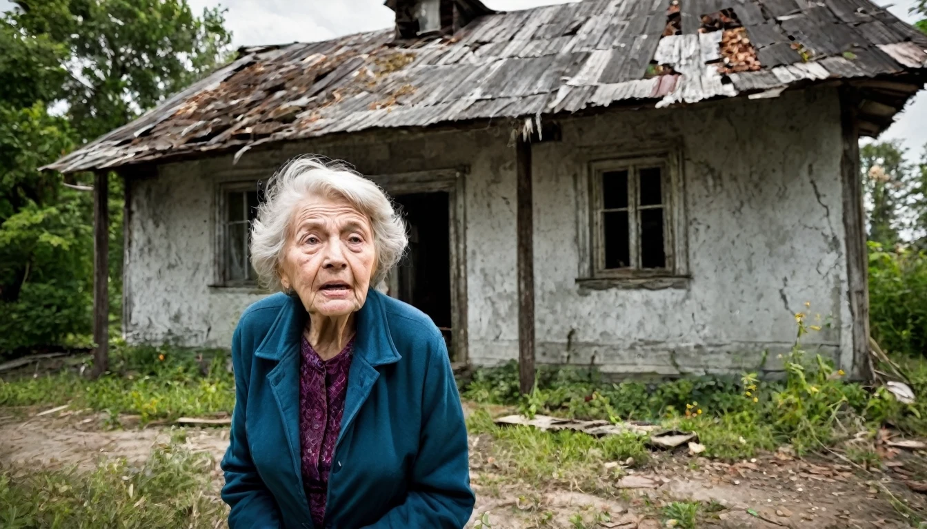An image of a scared elderly woman in front of an old abandoned house 