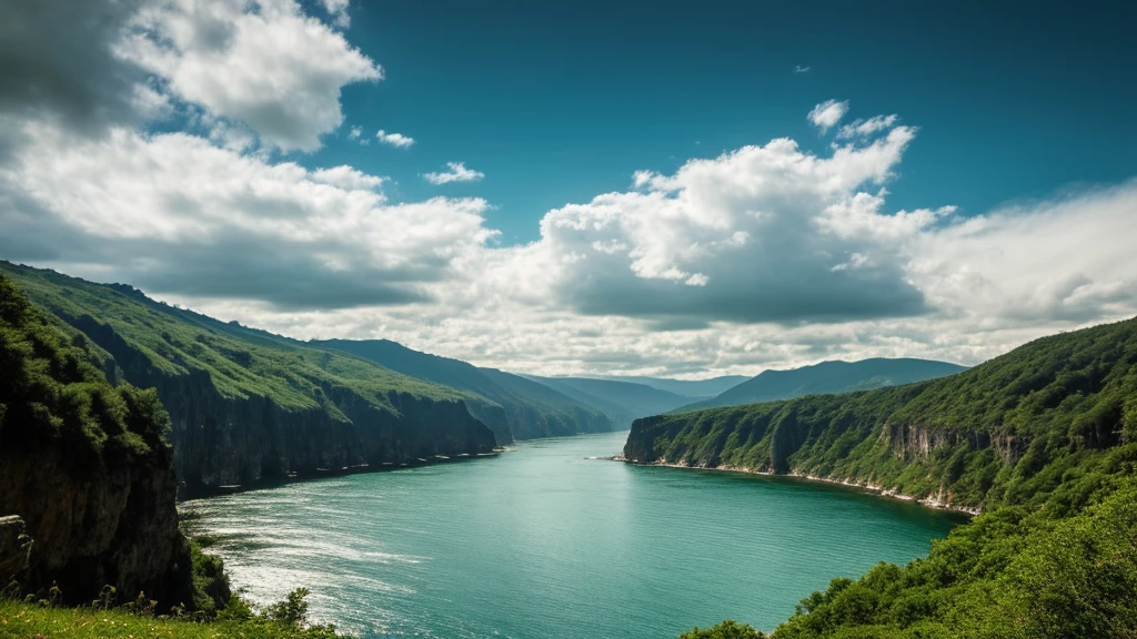 Masterpiece, ultimate quality, Cg unity 8k wallpaper, super delicate, beautiful sky and clouds, rich natural scenery, cliffs, lakes and rivers, waterfalls and flying water, beautiful green mountains, no trace of people, excellent scenery, has already won a photo contest, background Blurring, full depth of field, HDR high dynamics, true restoration, intricate, extreme details, dramatic presentation, perfectly presenting the style of midjourney art.