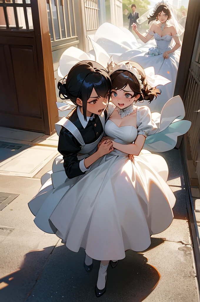 There are two women. One woman is in a wedding dress carrying the other woman, who is a maid and is pregnant. They are both trying to get away from an angry mob.