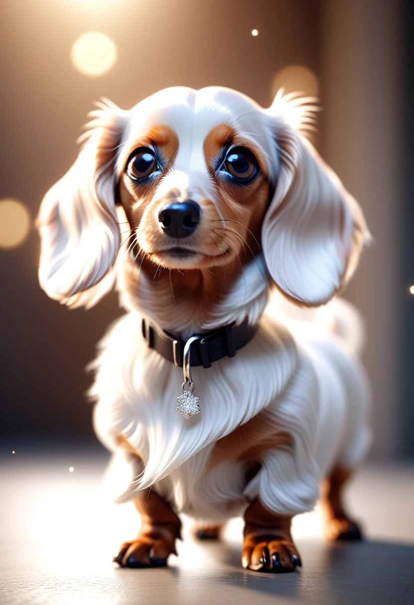 (((Soft tones))), Confused, masterpiece, Highest quality, High resolution, Unreal Engine Rendering, High quality rendering, Macro Lens, Deep Focus, Particles of light、Holding a miniature dachshund with soft long white fur